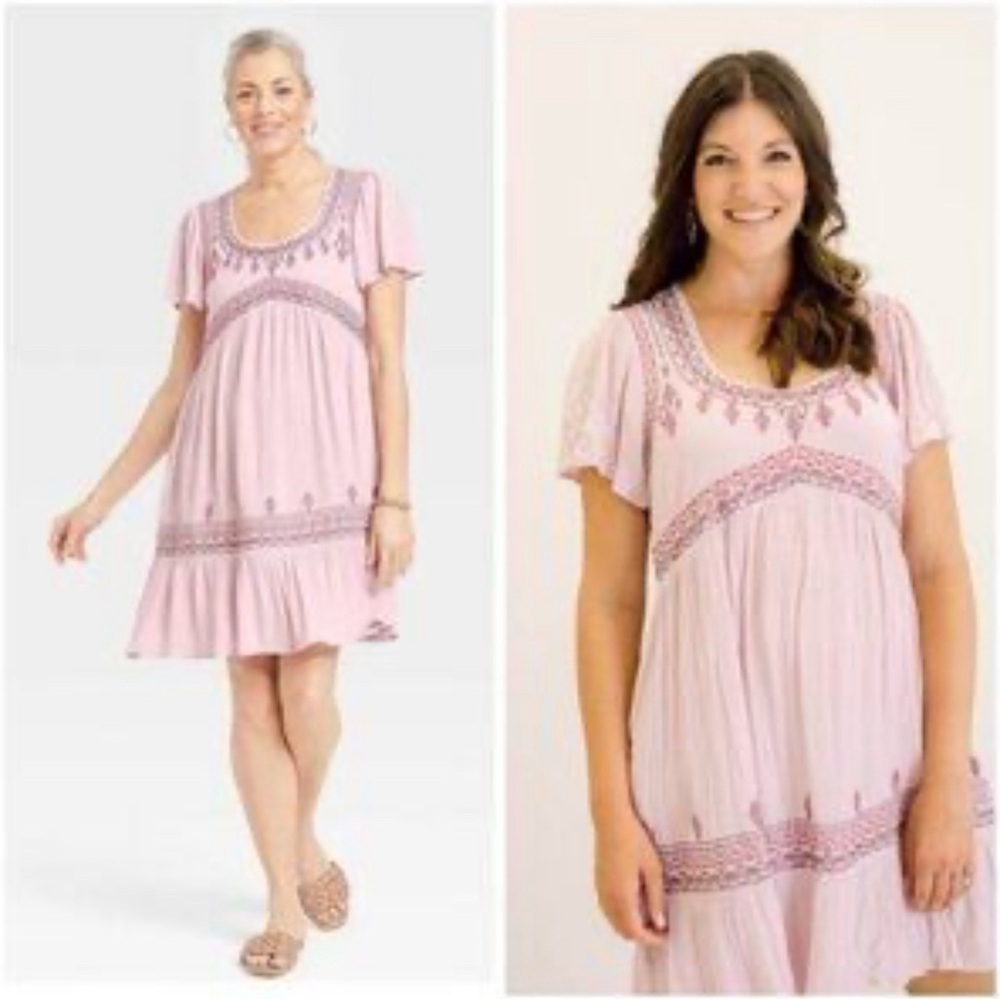 Knox Rose flutter short-sleeve embroidered Boho A-line dress Size XL